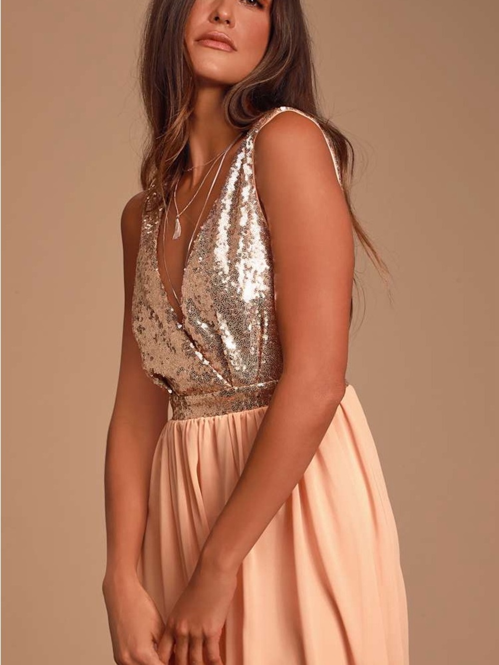 Elegant Encounter Rose Gold Sequin Maxi Dress
